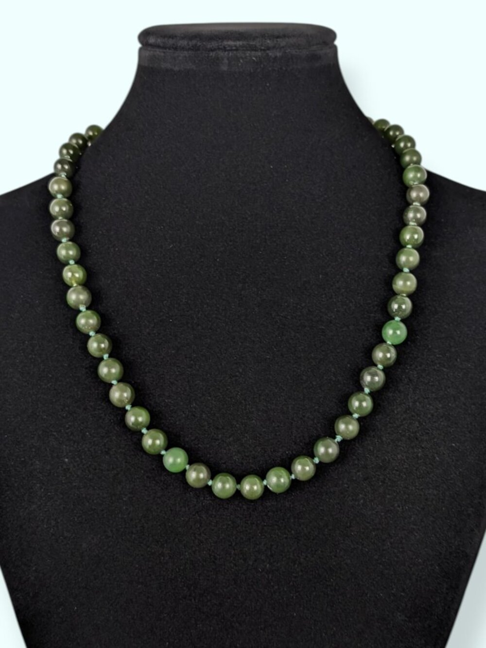 Vintage 8mm Spinach Green Nephrite Jade Knotted Necklace